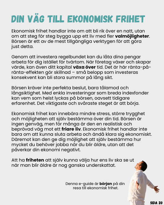 BYGG DIN PENGAMASKIN ✔Lär dig bygga en långsiktig aktiestrategi
✔För vanliga människor – inga förkunskaper krävs
✔Fokus på stabil tillväxt, inte snabba chansningar