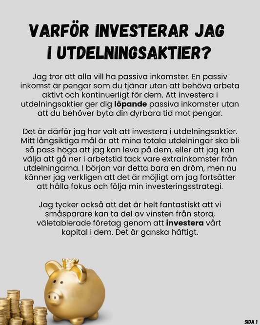 DEN ENKLA UTDELNINSGUIDEN
✔️Så fungerar utdelningsaktier i praktiken
✔️Hur du bygger passiva inkomster över tid
✔️Enkelt, tydligt och utan onödigt krångel