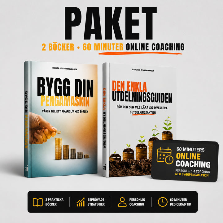 GULD PAKETET💎 — Få båda guiderna och 60 minuters onlinecoachning ✔️Framtagen för dig som behöver extra vägledning och hjälp för att komma igång på börsen.